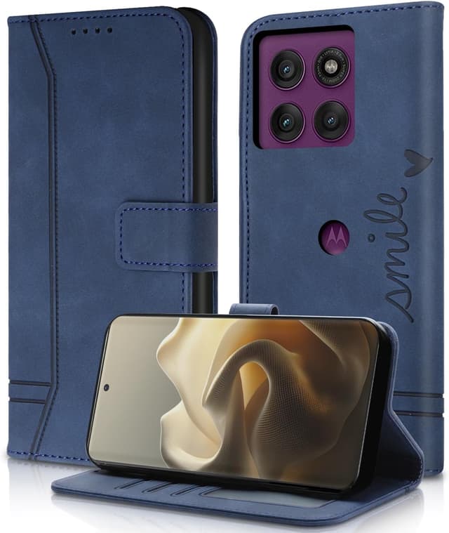 Detalle de AsWant Handyhülle für Motorola Edge 60 Pro (Blau) – Leder-Klapphülle mit Kartensteckplatz, Magnetverschluss & Standfunktion