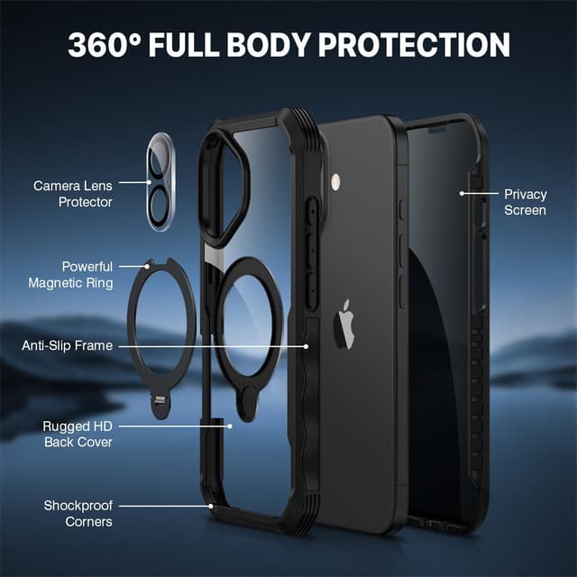 Detalle de CENHUFO iPhone 16 Plus case with built-in privacy screen protector, clear back & 360° magnetic ring stand (Black)