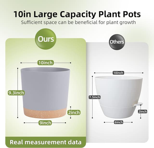 Detalle de QCQHDU 25.4cm Plant Pot (2-pack) with Drainage Holes & Saucer, Light Grey