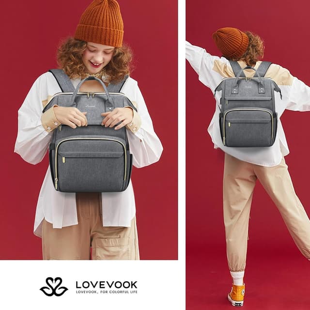 Thumbnail 6 de LOVEVOOK Damen-Rucksack Schulrucksack mit 17-Zoll-Laptopfach, wasserdichtem Canvas und USB-Ladeanschluss – dunkelgrau