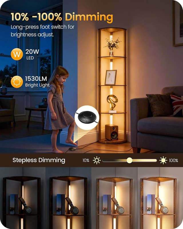 Detalle de GOEBLESON Floor Lamp with Shelves (4-Tier) – 360° Rotatable Corner Light with 3 CCT & Dimming