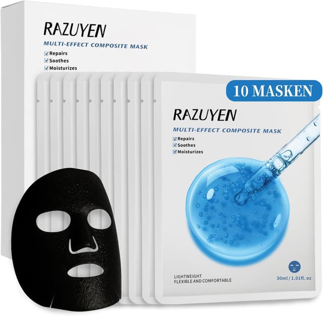 Detalle de RAZUYYEN Maschera viso di riparazione in tessuto (con acido ialuronico, centella e pantenolo) – 10 maschere per pelli secche e sensibili