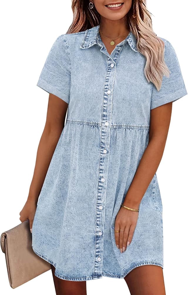 Detalle de GRAPENT Denim Dress for Women Babydoll Tiered Short Sleeve Button-Down Jean Shirt Dress