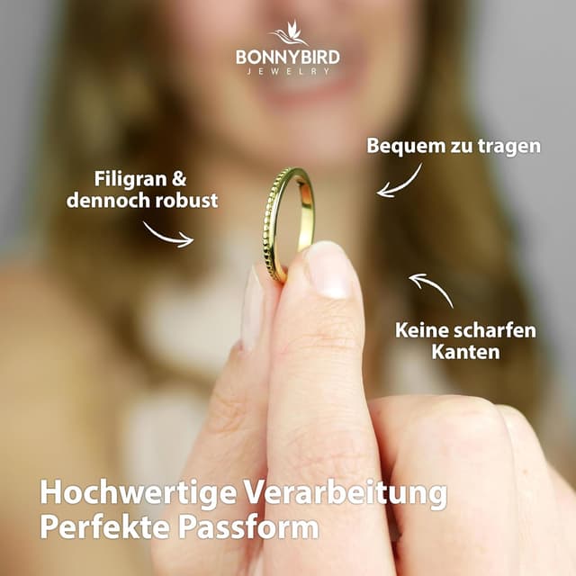 Detalle de BONNYBIRD Wasserfeste Edelstahl-Ringe Set für Damen (3er-Set) in Silber, Gold & Roségold – kein Anlaufen