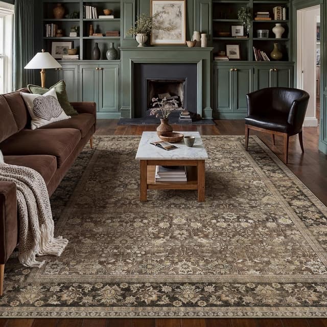 Detalle de HUGEAR 8x10 Brown Floral Area Rug, Machine Washable 🏡