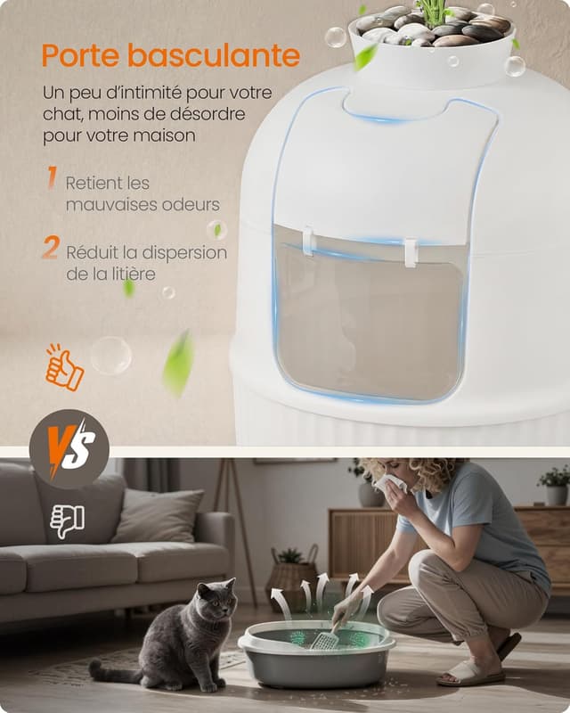 Detalle de Meuble litière pour chat Feandrea avec fausse plante, porte basculante et filtre à charbon (blanc nuage) PPT006W101