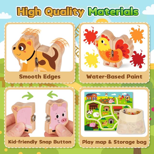 Thumbnail 6 de Montessori-style wooden farm animal matching puzzle set for 1–3 year olds (10 snap fastener puzzles)