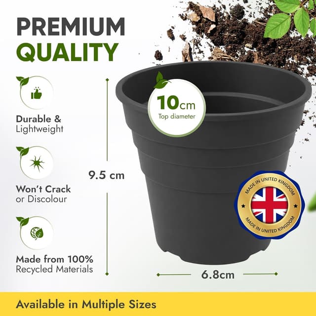 Detalle de Happy Pots pot de fleurs en plastique 10 cm – lot de 5 – avec trous de drainage (noir, fabriqué au Royaume-Uni)