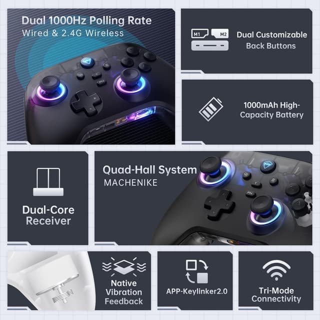 Detalle 2 de Machenike G3V2 Controller per PC/Switch/iOS/Android con stick Hall, RGB e polling 1000Hz (bianco)