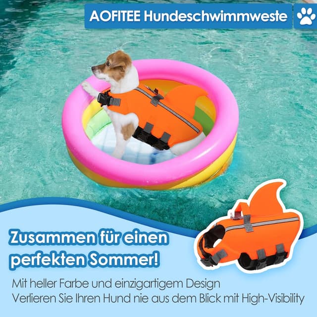 Detalle de AOFITEE Schwimmweste für Hunde „Hai“ (mittel, verstellbar, Orange) mit Rettungsgriff