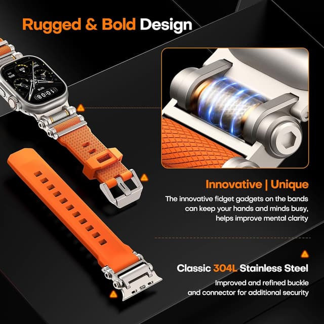 Detalle de TAURI Liquid Silicone & Stainless Steel Strap for Apple Watch Ultra (49mm) – Orange