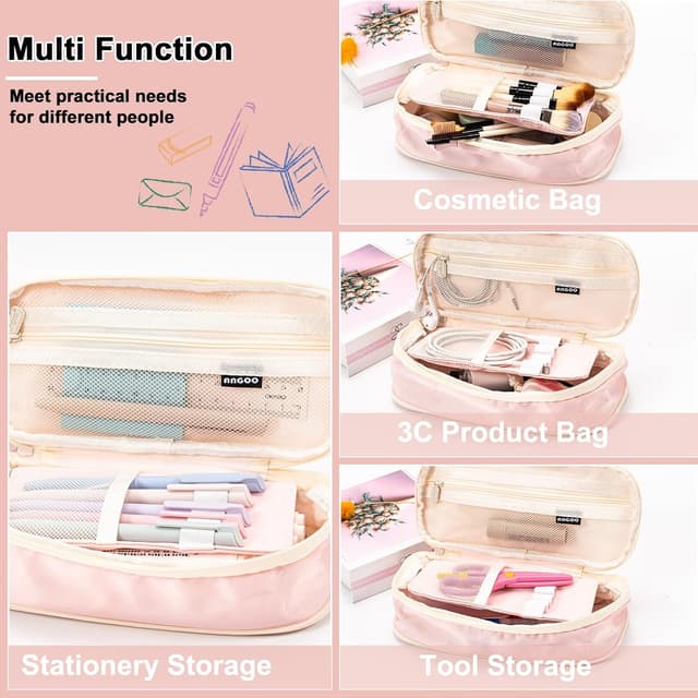 Detalle de Vinuwu Big Capacity Pencil Case for Girls with Zip, Expandable Nylon Pencil Pouch (Pink)