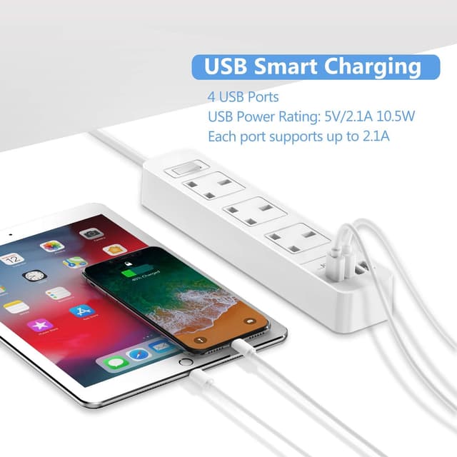 Detalle 2 de JSVER Extension Lead USB 3-outlet 4-USB, 2m cable 🔌