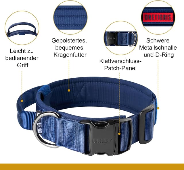 Detalle de OneTigris collare per cani in nylon con fibbia in metallo (Blu, taglia M)