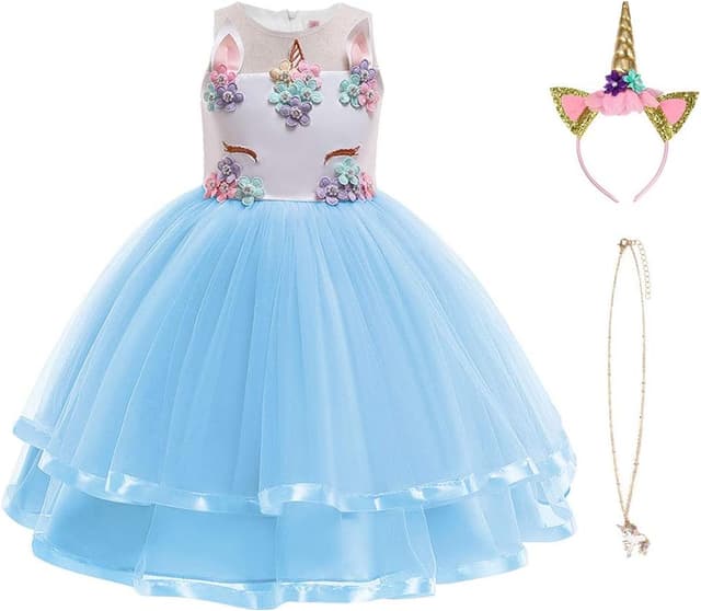 Detalle de URAQT Mädchen Prinzessin Kleid mit Einhorn-Design (inkl. Halskette & Stirnband) – Blau, 110 cm