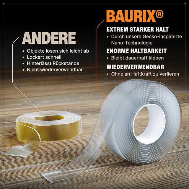 Thumbnail 6 de BAURIX® Nano Tape doppelseitig (3 m) – transparentes, wiederverwendbares Nano-Klebeband für Wand, Teppich & Deko