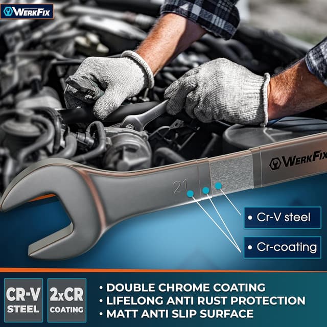 Detalle de S&R Werkfix Professional Metric Combination Spanner Set (15 pcs) 6–21 mm with Thin Ring Profile & Roll-Up Bag