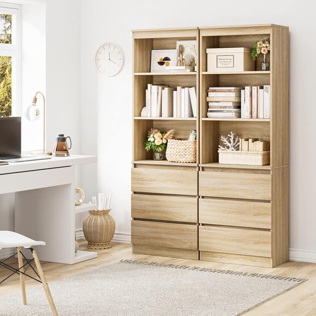 Detalle de FirFurd Bibliothèque haute chêne autoportante avec 3 étagères et 3 tiroirs, 60x35x180 cm