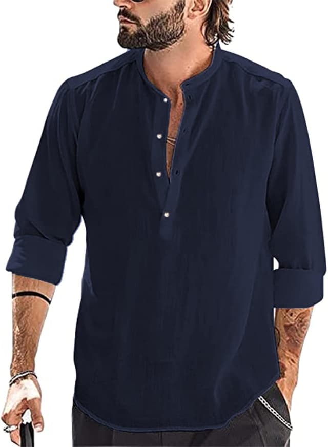 Detalle de YAOBAOLE chemise lin coton homme à manches longues Henley – style décontracté pour l’été