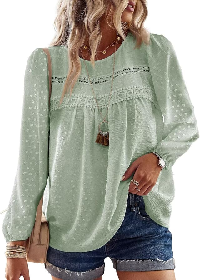 Detalle de TUUHAW Langarmshirt Damen Boho-Top mit Rundhals & Häkelapplikation
