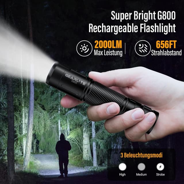Detalle 2 de GEARLITE G800 LED-Taschenlampe (aufladbar) mit Zoom, 3 Modi und IP65