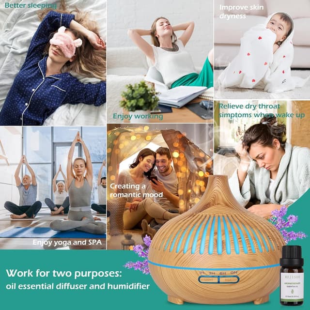 Thumbnail 6 de GeeRic Diffuseur d’huiles essentielles 500 ml avec 8 huiles (10 ml) et humidificateur à ultrasons