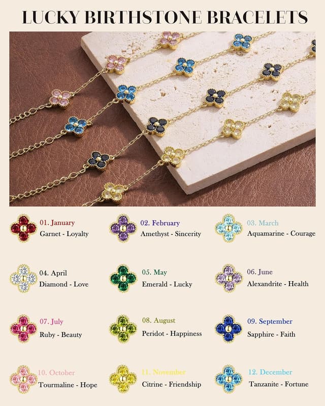 Detalle de ZNBOH Kleeblatt-Armband für Damen, 18K vergoldet, mit Geburtsstein und Zirkonia