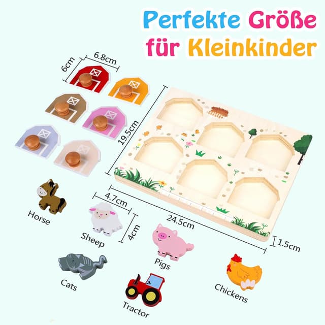 Detalle de Nabance Holzpuzzle ab 1 Jahr „Bauernhof Tiere & Fahrzeuge“ mit 6 Steckentüren (Montessori Lernspiel)
