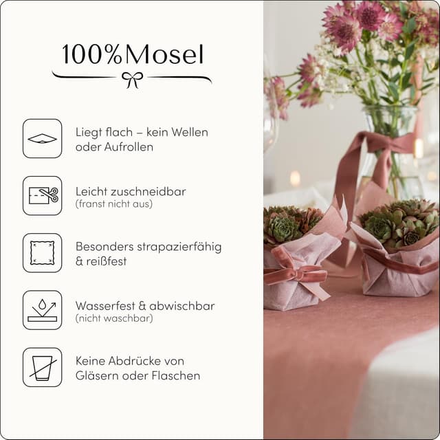 Detalle 2 de 100%Mosel Vlies Tischläufer in Altrosa / Dusky Pink (30 cm x 25 m) – dekoratives Tischband für Feste