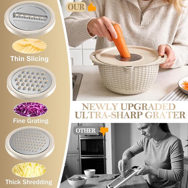 Detalle de 4-1 Colander with Bowl Set (Rotatable) — Stainless Steel + Grater Attachments for Kitchen Prep