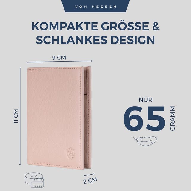 Detalle 2 de VON HEESEN Herren- & Damen-Leder-Geldbörse mit Münzfach und RFID-Schutz (Rose)