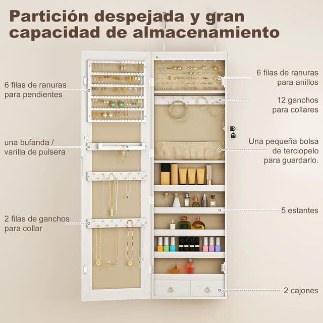 Thumbnail 4 de HOMCOM Espejo Joyero con Luz LED 37x10x120 cm