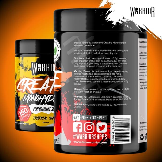Detalle 2 de Warrior Creatine Monohydrate Pulver (mikronisiert) – vegan, zuckerfrei, 500 g, Tropical Sunrise