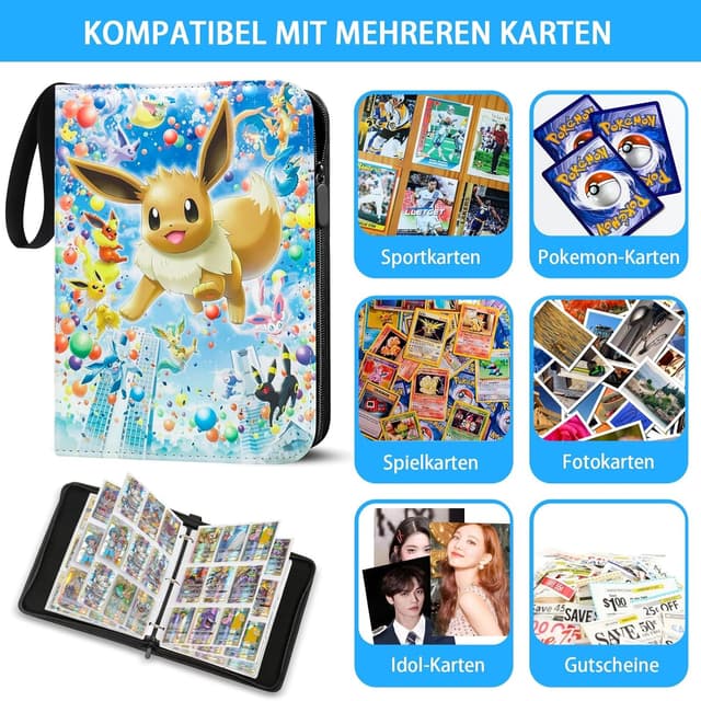 Detalle 2 de Karten Sammelalbum für Pokémon Karten – 900 Karten Kapazität, 9-Taschen PU-Leder, wasserdicht mit Reißverschluss