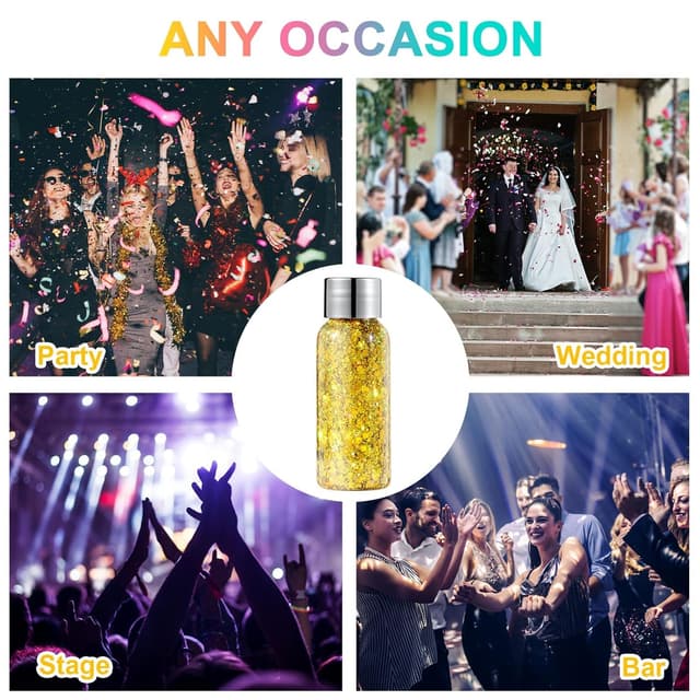 Detalle de URAQT Body Glitter Gel & Chunky Glitter Gel (weiß, silber, gold) – glitzerndes Pailletten-Bodygel für Gesicht, Haare, Lippen & Nägel