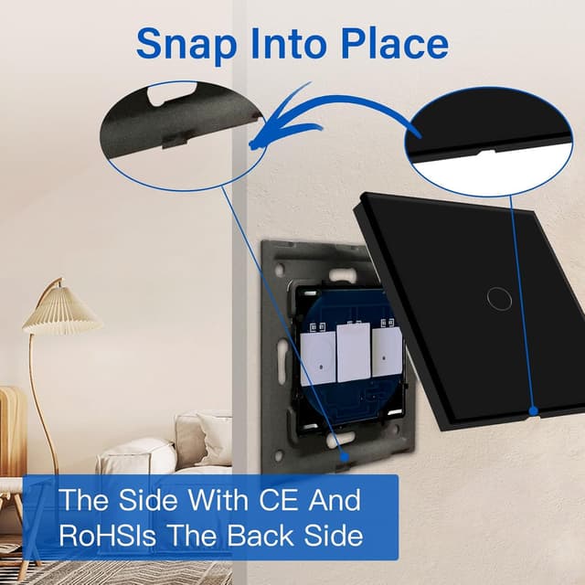 Detalle 2 de BSEED Touch Light Switch (1 Gang, 1 Way) Tempered Glass Panel with LED Indicator, Black