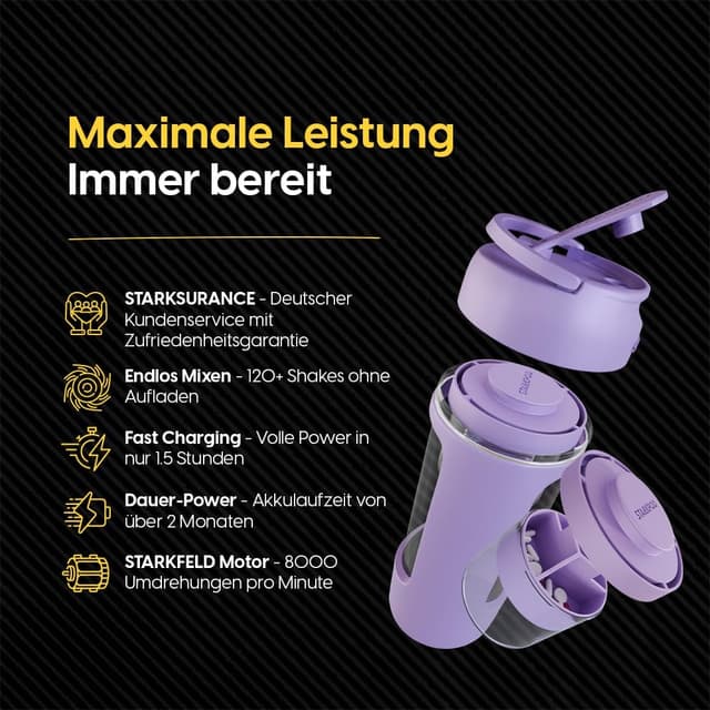 Detalle de STARKFELD STARKSHAKE® V4 – elektrischer Protein-Shaker mit STARKPOD, USB‑C, 8.000 UPM (lila)