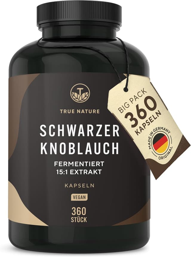Detalle de True Nature Schwarzer Knoblauch Extrakt (15:1) mit S-Allylcystein (SAC) – 360 Kapseln für ca. 6 Monate