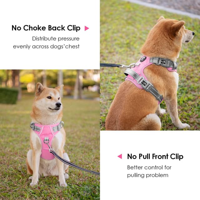 Detalle de PHOEPET No Pull Escape Proof Adjustable Dog Harness with Reflective Straps and Easy Control Handle (Baby Pink/Grey, M)
