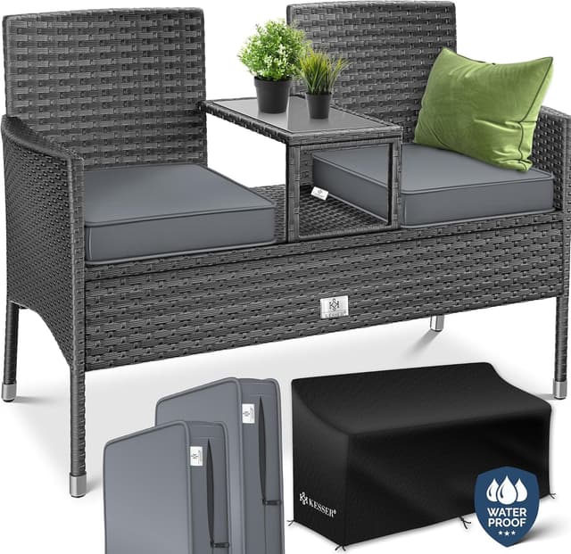Detalle de KESSER Polyrattan Gartenbank 2-Sitzer Tisch 143×63×88 cm Grau