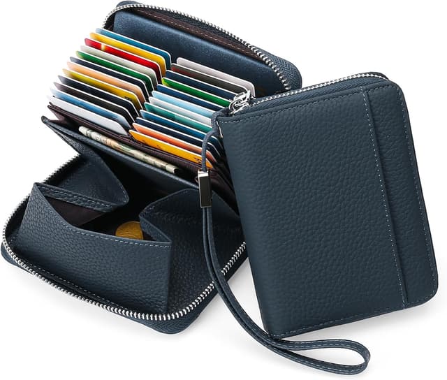 Detalle de SENDEFN RFID leather credit card holder purse with 24 slots, wrist strap & coin pocket