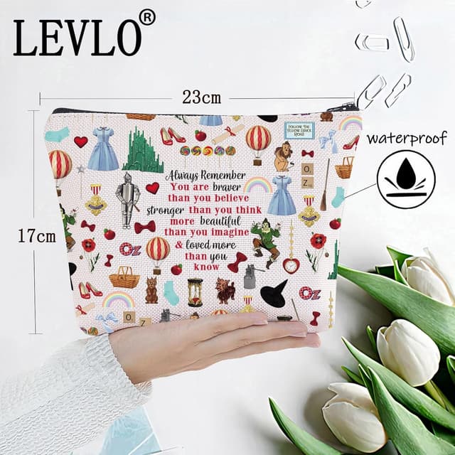 Detalle de LEVLO Dorothy cosmetic makeup bag with ruby red slippers print – cotton canvas zip pouch