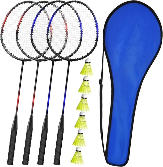 Detalle de KH 2–4 Player Badminton Rackets Set (4 Rackets, Shuttlecocks & Carry Bag) for Adults, Kids & Family Garden Play
