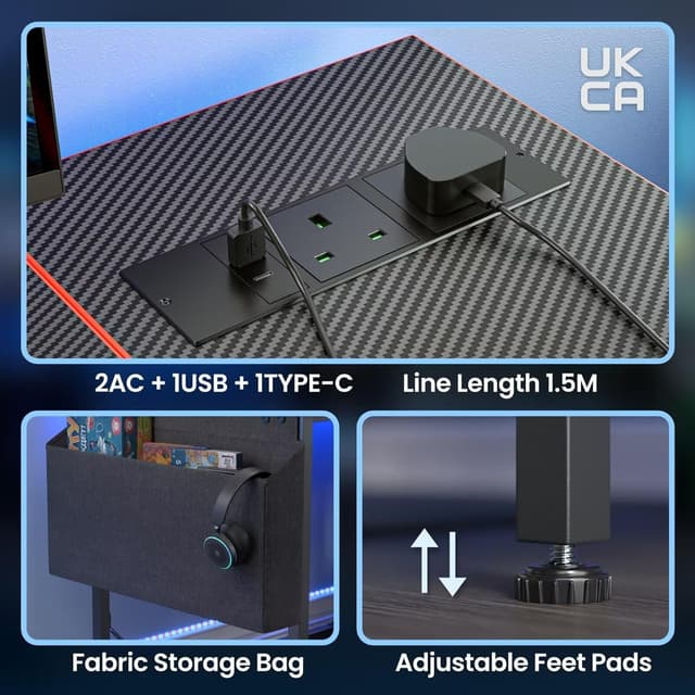 Thumbnail 6 de DOMSHOCT gaming desk with LED lights, power outlets and reversible layout (100×50cm, carbon fibre black)