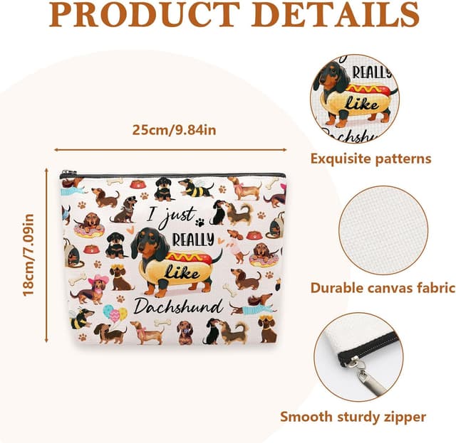 Detalle 2 de Cute Dachshund Makeup Bag – Canvas zip pouch for dachshund lovers, travel & daily essentials