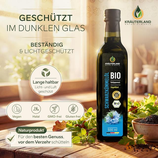 Thumbnail 6 de Kräuterland Schwarzkümmelöl Bio (500 ml) – kaltgepresst, ungefiltert, 1. Pressung
