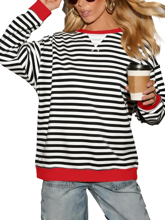 Thumbnail 6 de Dressmine striped cotton-blend long sleeve sweatshirt top for women (crew neck)
