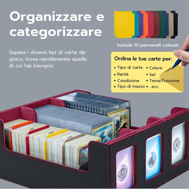 Detalle de Tolesum Commander Deck Box per MTG con 3 pezzi Magnetic Card 35PT, scatola capiente con 10 divisori e 6 clip