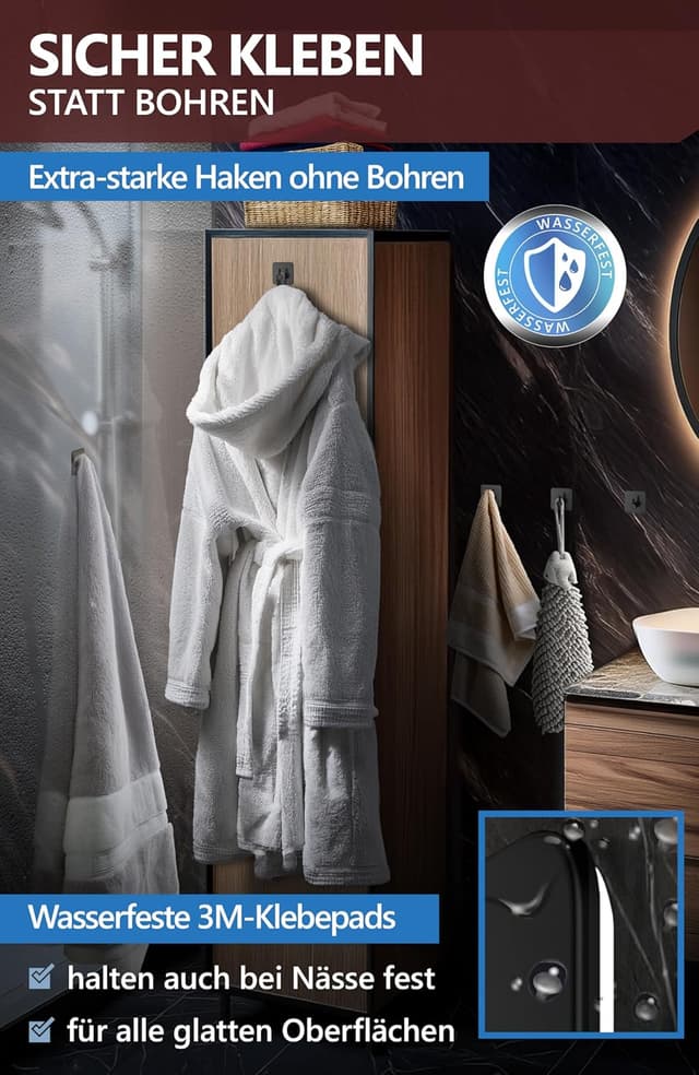 Detalle de 4smile Handtuchhalter ohne Bohren (6er-Set) – selbstklebende Handtuchhaken aus 304 Edelstahl, schwarz