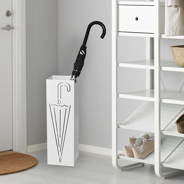 Detalle 2 de BAKAJI BAK3W portaombrelli in ferro design quadrato bianco con vaschetta salvagoccia e ganci